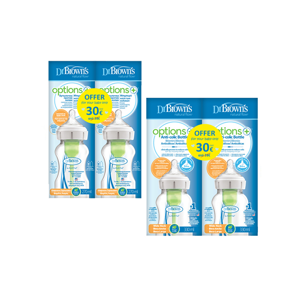 DR BROWN'S - PROMO PACK OPTIONS+ 2ΤΕΜΑΧΙΑ Πλαστικό Μπιμπερό (Φαρδύς Λαιμός) - 270ml WB91600 & 2ΤΕΜΑΧΙΑ Πλαστικό Μπιμπερό (Φαρδύς Λαιμός) - 330ml WB11600
